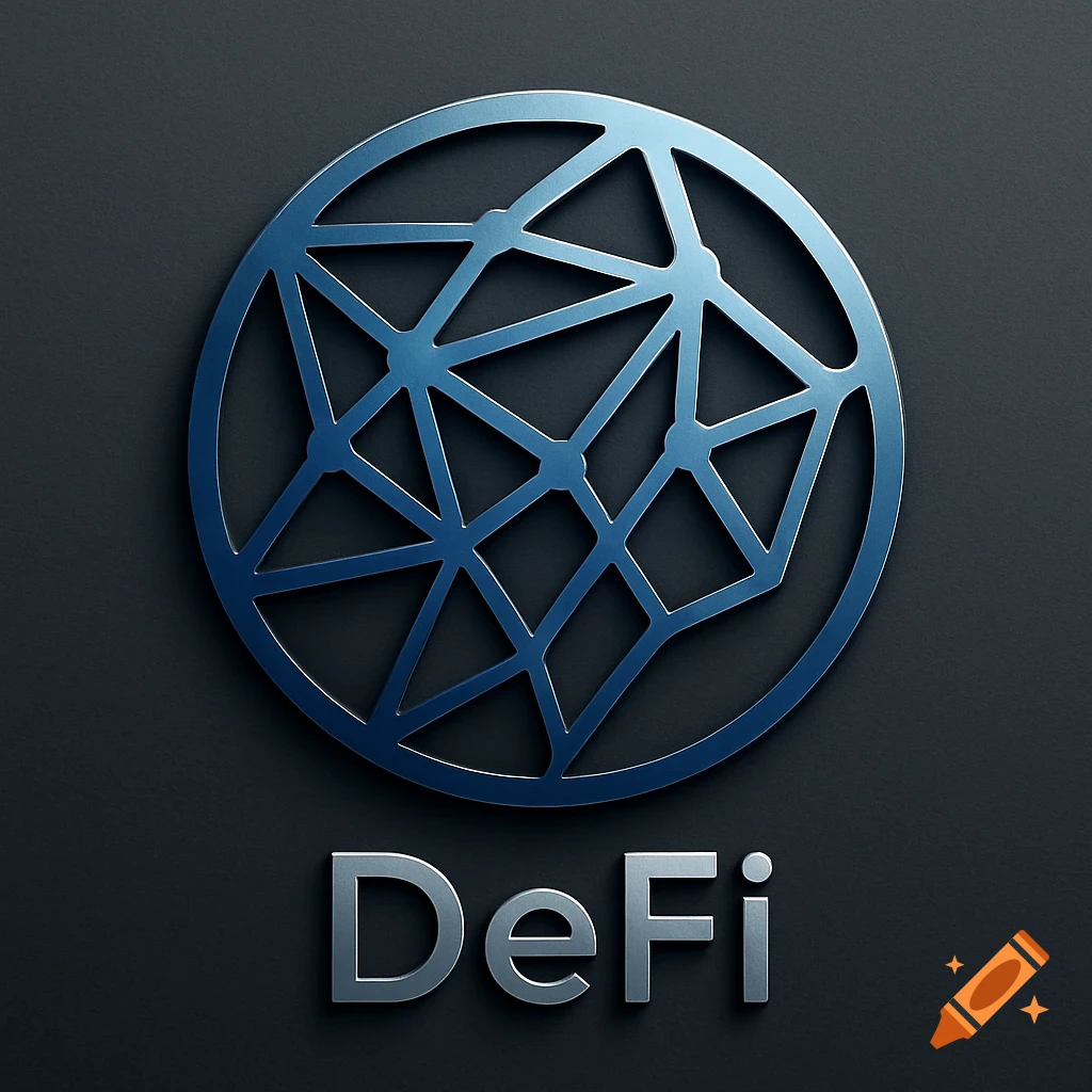 A metallic blue circular logo with a geometric network pattern above the silver text 'DeFi' on a dark gray background.