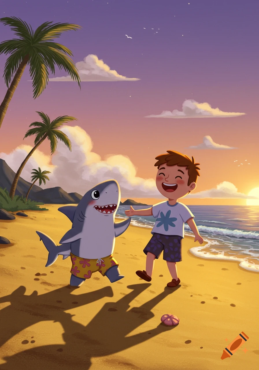 A cartoon boy and a shark in swim shorts greet on a sunny beach at sunset, with palm trees and ocean.