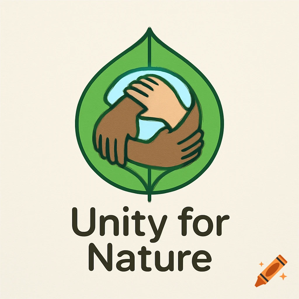 A logo with diverse hands interlocked inside a green leaf, with 'Unity for Nature' text.