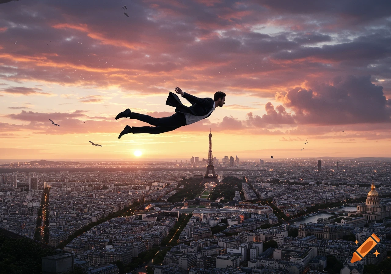 A man in a suit flies horizontally over Paris at sunset, with the Eiffel Tower and city lights below vibrant orange and purple clouds.