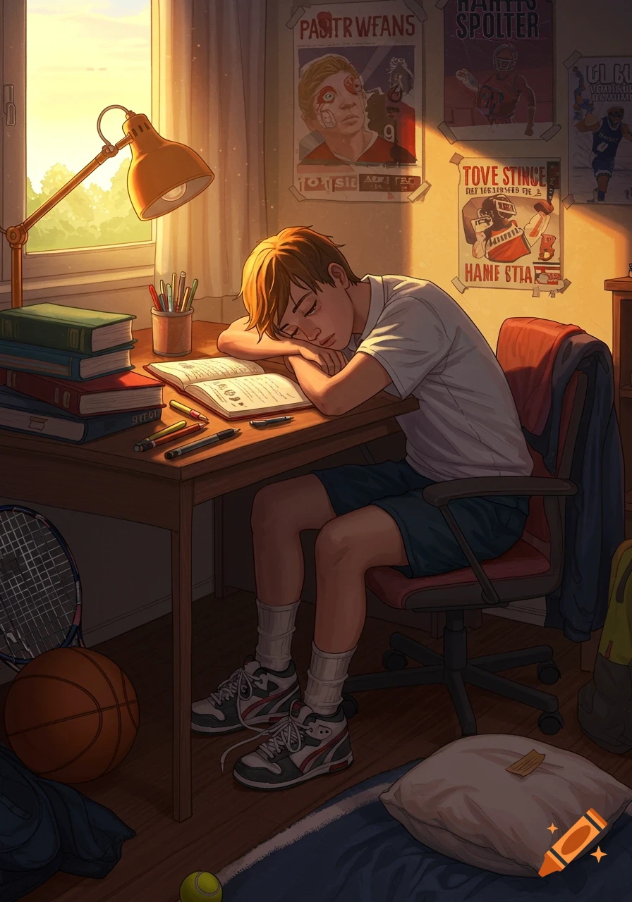 Exhausted teenage boy with brown hair sleeping face down on an open book at a wooden desk in a sunlit room filled with books and sports equipment, in an illustration style.
