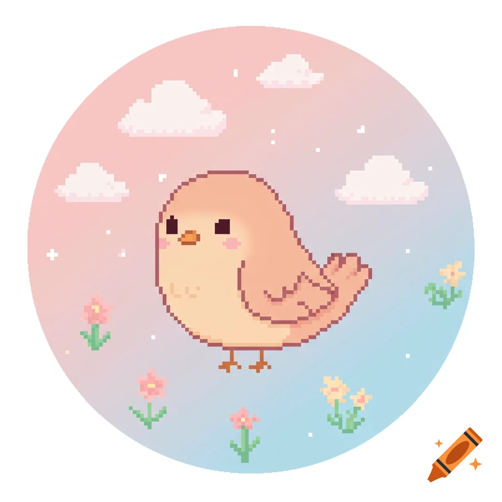 Cute pixel art of a chubby brown bird on a pastel pink and blue gradient background with clouds and flowers.
