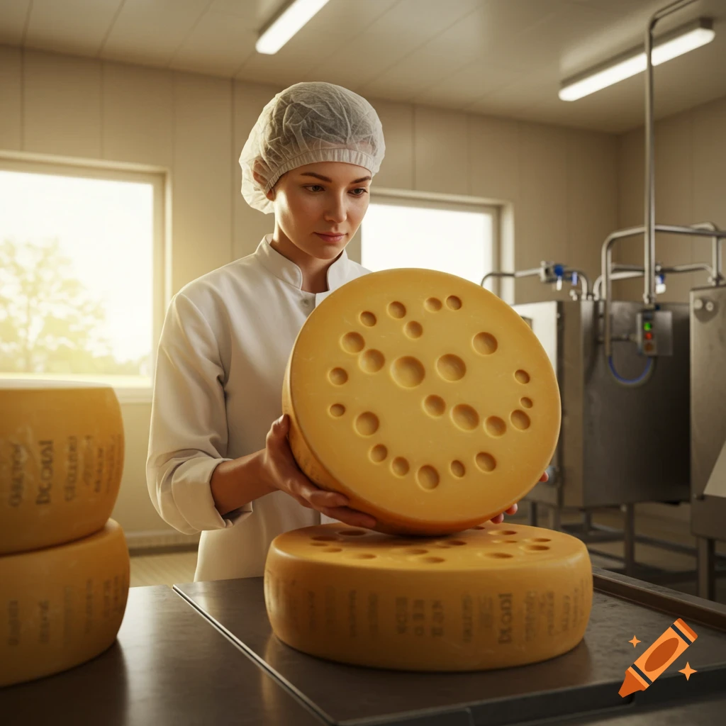 Woman in uniform and hair net holding a large Emmental cheese wheel in a food processing plant.
