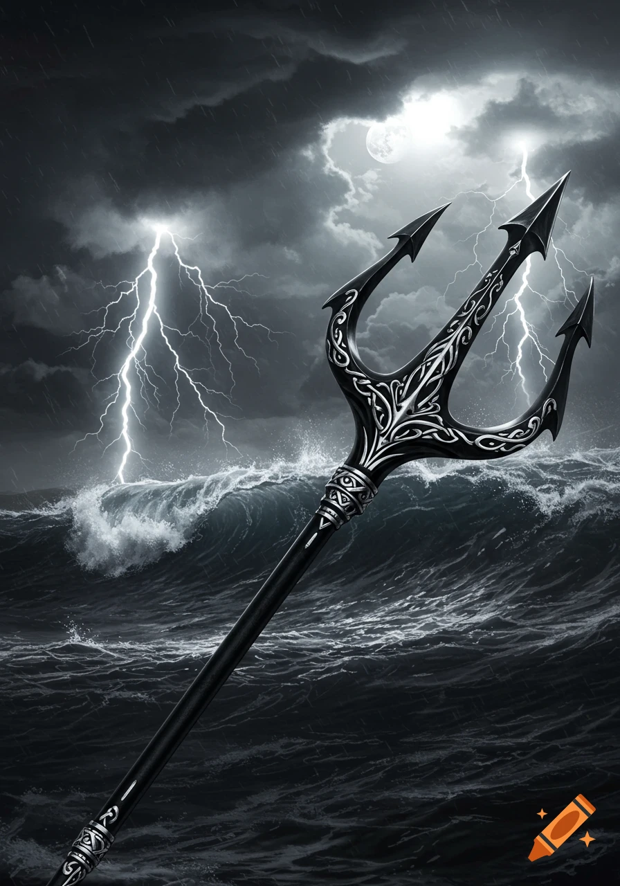 A black trident with intricate silver inlays stands in a stormy ocean under a lightning-filled, dark sky with a bright moon.