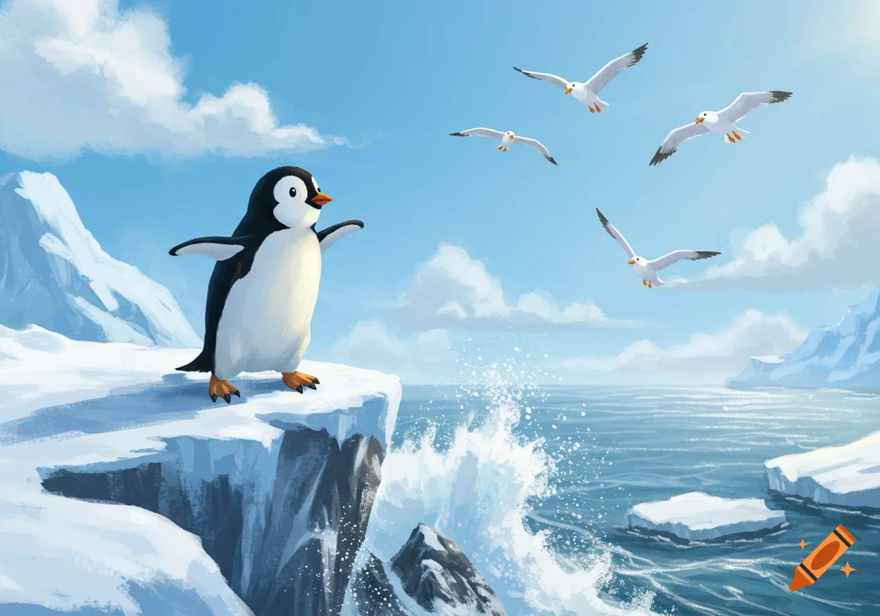 Cartoon penguin standing on an icy cliff with outstretched wings, watching seagulls fly over the ocean with icebergs under a blue sky.
