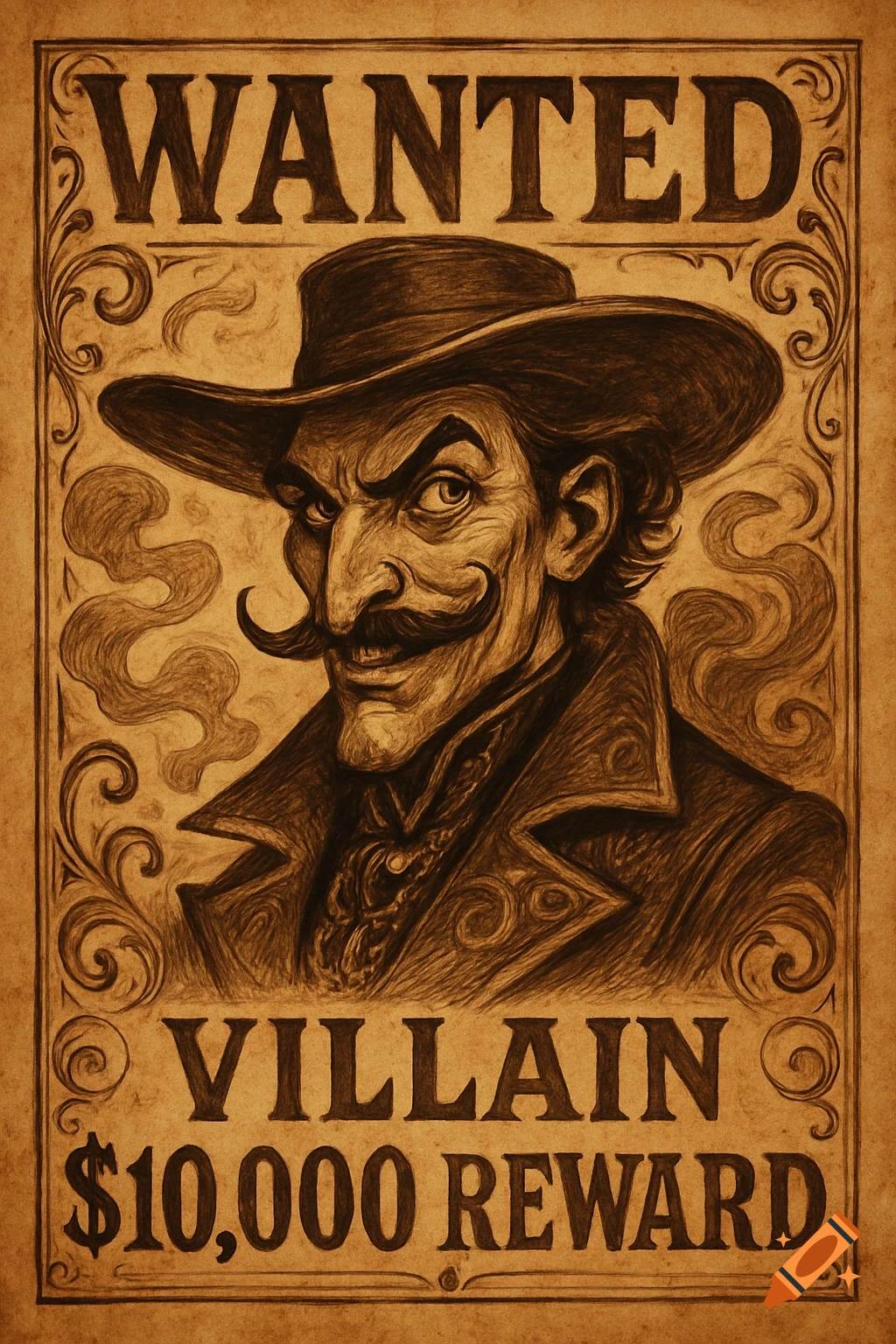 A vintage wanted poster illustration of a sinister villain with a twirly mustache and cowboy hat, reading 'WANTED VILLAIN $10,000 REWARD'.