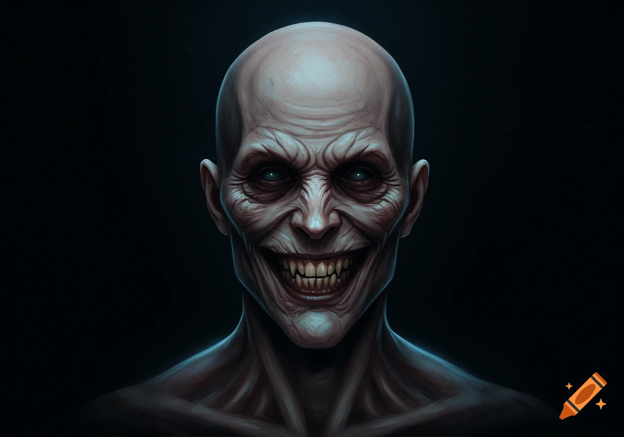 A bald, pale-skinned horror creature with glowing blue eyes and sharp teeth grinning menacingly on a dark background.