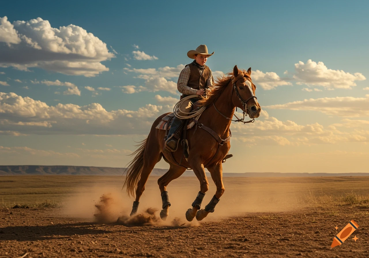 A young cowboy rides a brown horse at a gallop across a dusty field under a blue sky with clouds, kicking up dust.