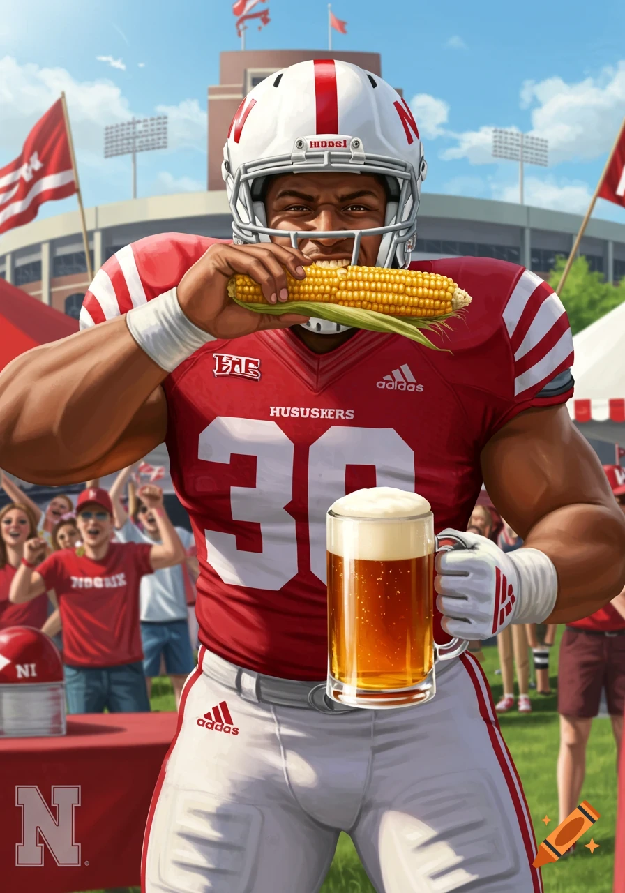 An illustrated muscular University of Nebraska football player in a red jersey bites into a corn on the cob while holding a mug of beer, with fans in the background.