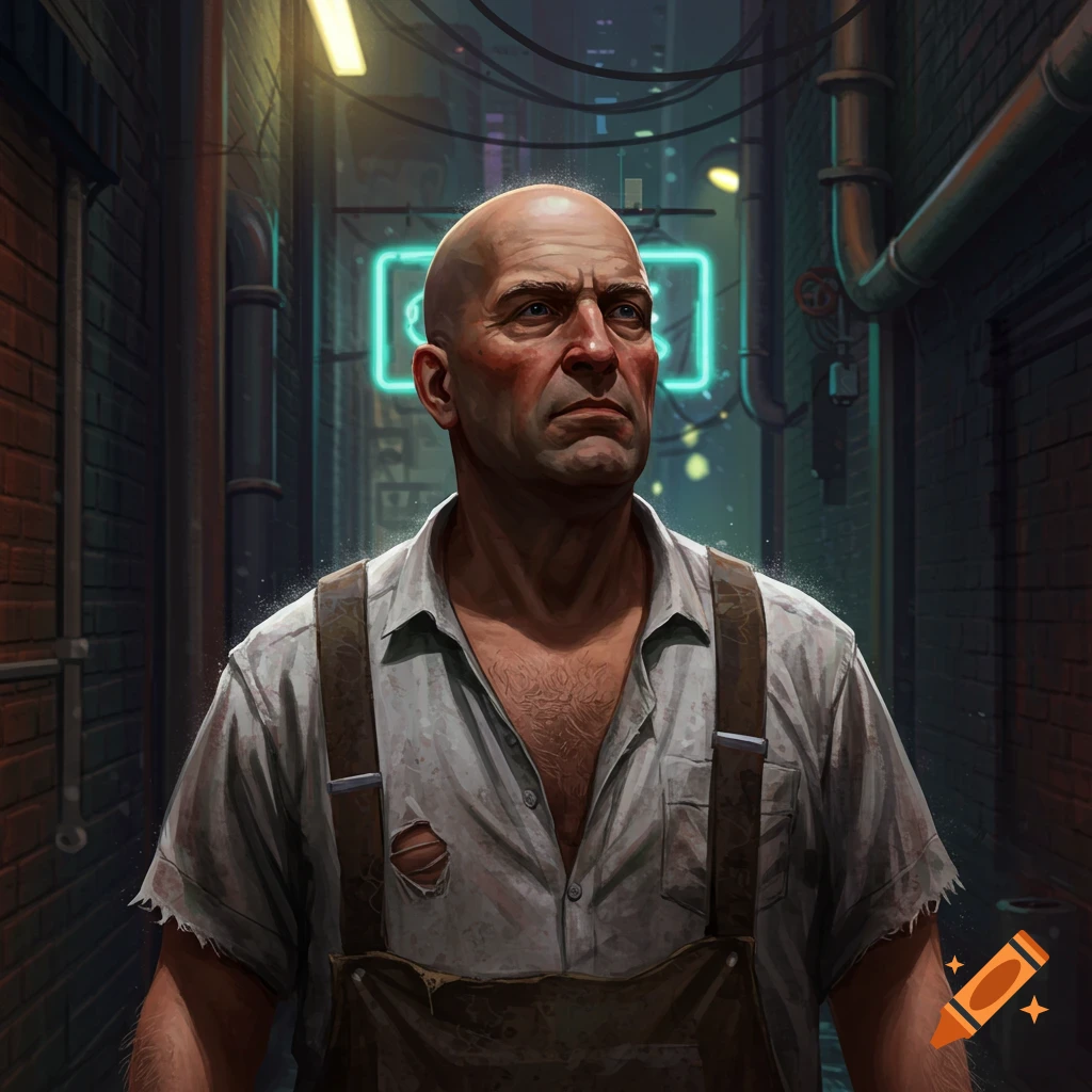 Digital art portrait of a bald man in a dirty shirt and ripped suspenders, standing in a dark, neon-lit cyberpunk alleyway.