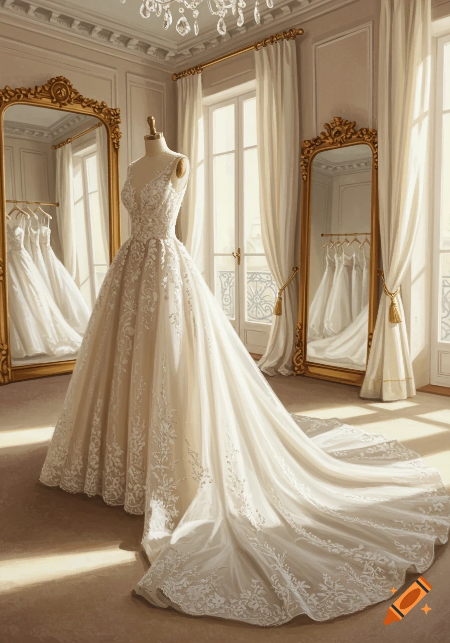 An ornate white wedding dress on a mannequin stands in a bright, elegant room with gold-framed mirrors and tall windows.