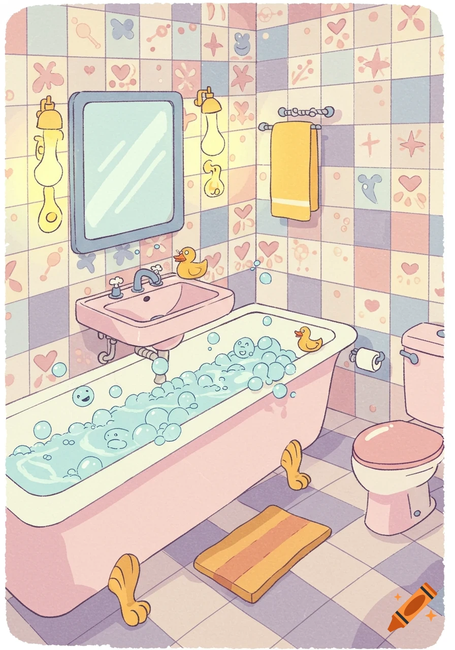 A colorful cartoon bathroom with pink fixtures, a bathtub filled with bubbles and rubber ducks, and patterned tiles.