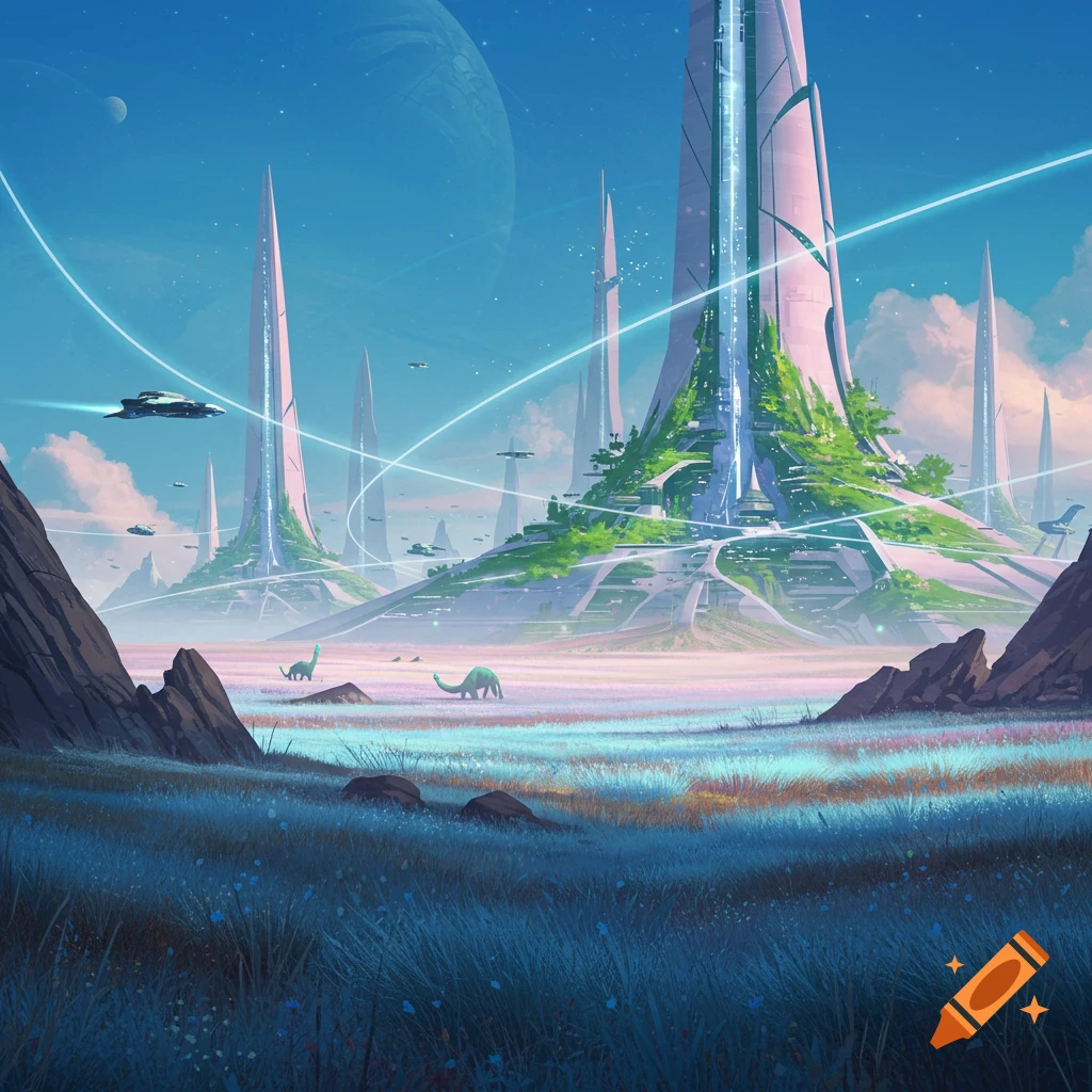 Futuristic city with tall, slender buildings, flying vehicles, and grazing dinosaurs on a vibrant alien steppe under a sky with large planets.