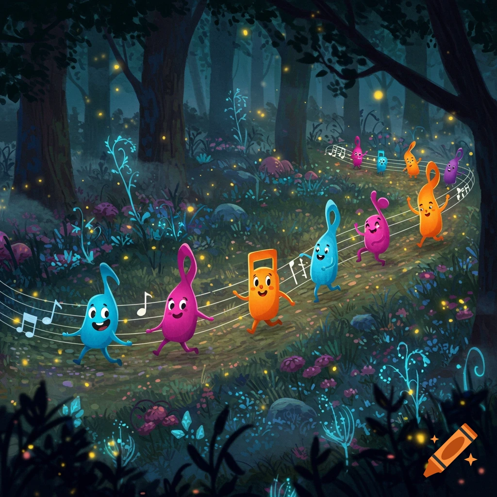 Cute, colorful musical notes with faces walk along a winding musical staff through a whimsical, glowing dark forest.