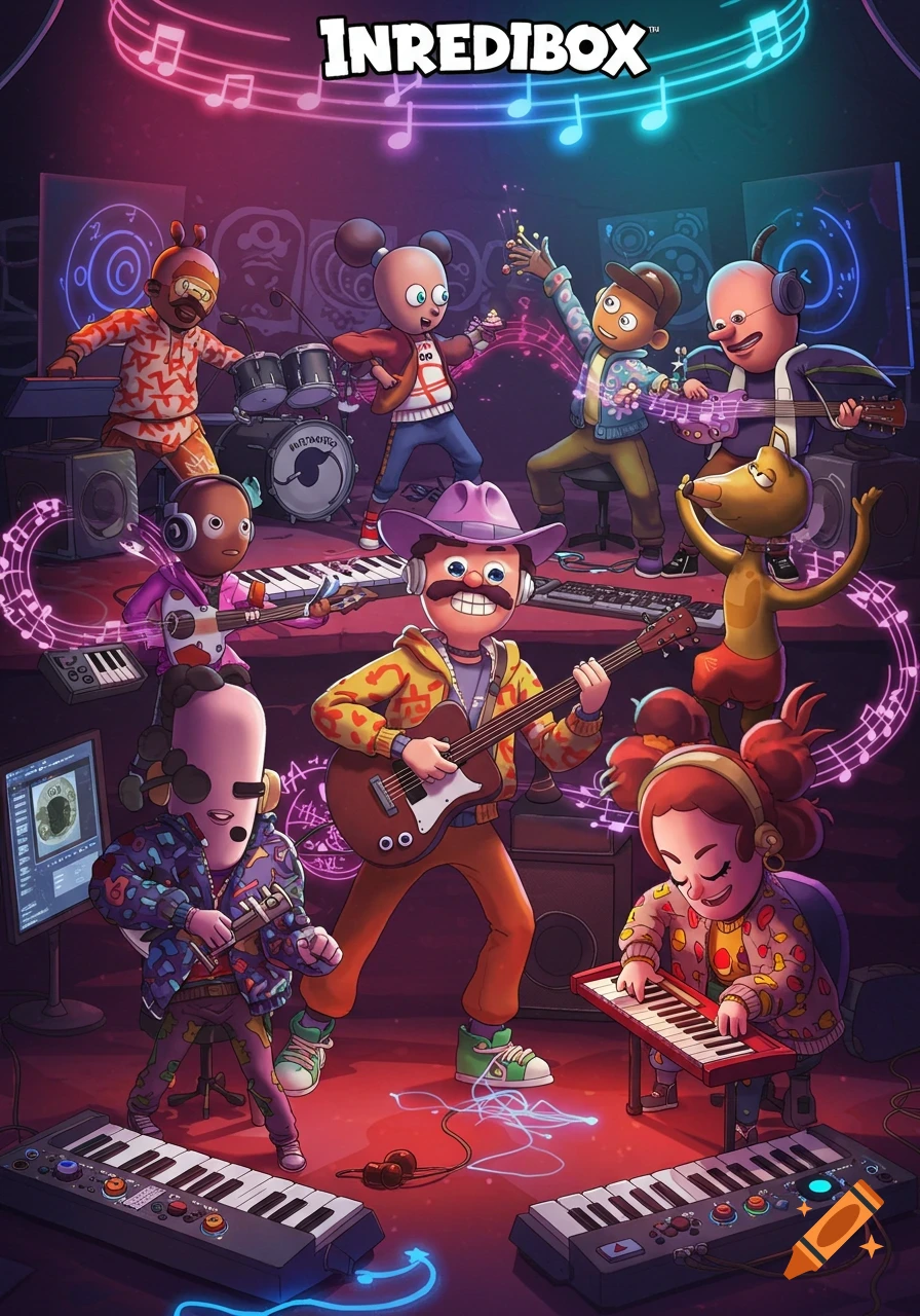 A vibrant cartoon of diverse characters playing instruments as a band in a music studio, with floating musical notes.