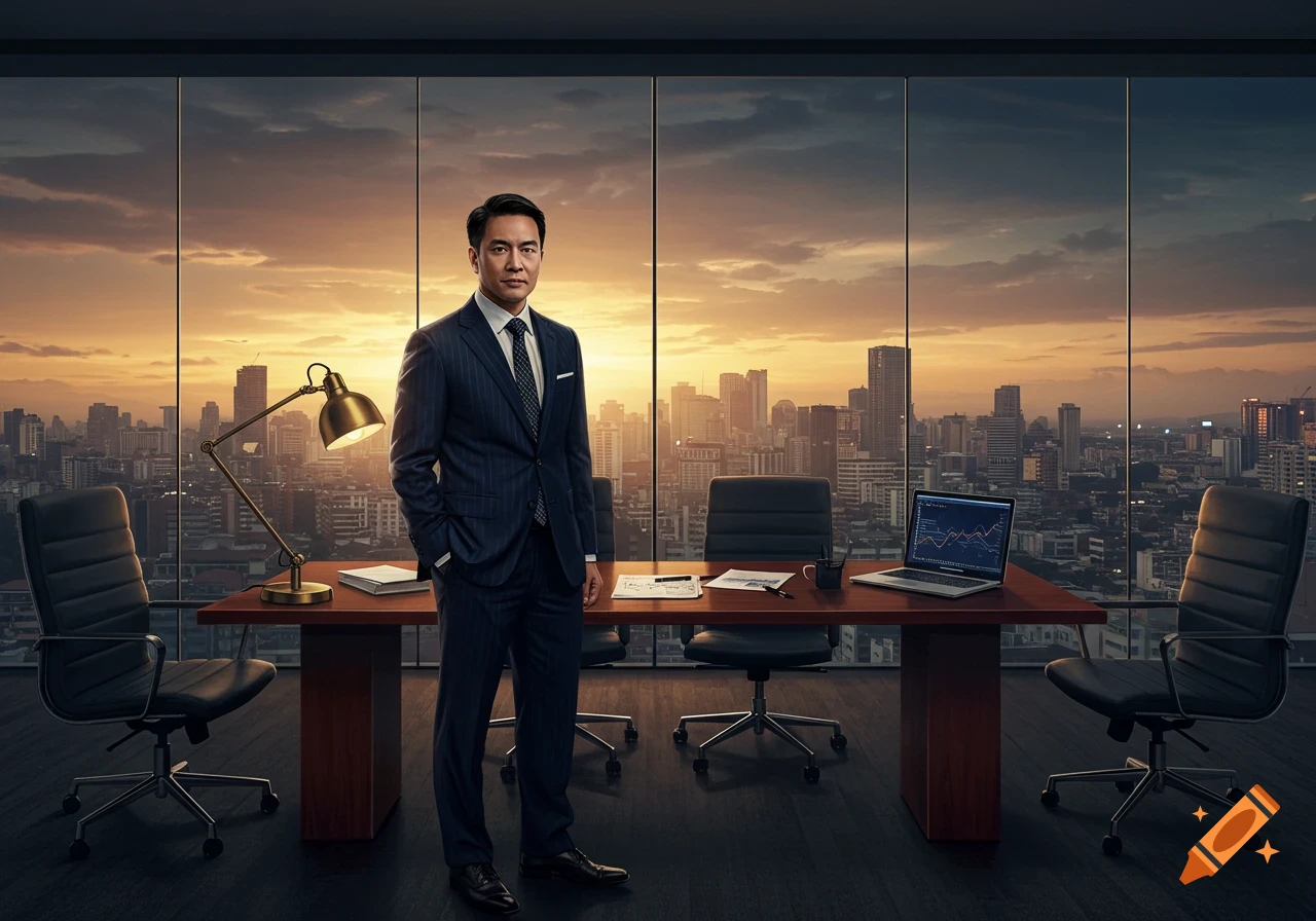 A sharply dressed man stands in a modern office with a city skyline at sunset.