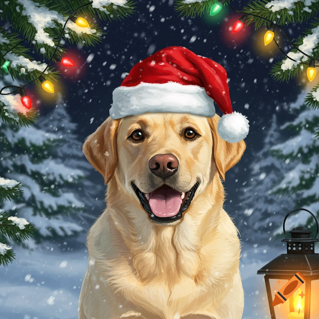 A happy golden labrador dog wearing a red Santa hat smiles in a snowy winter forest with festive lights and a lantern.