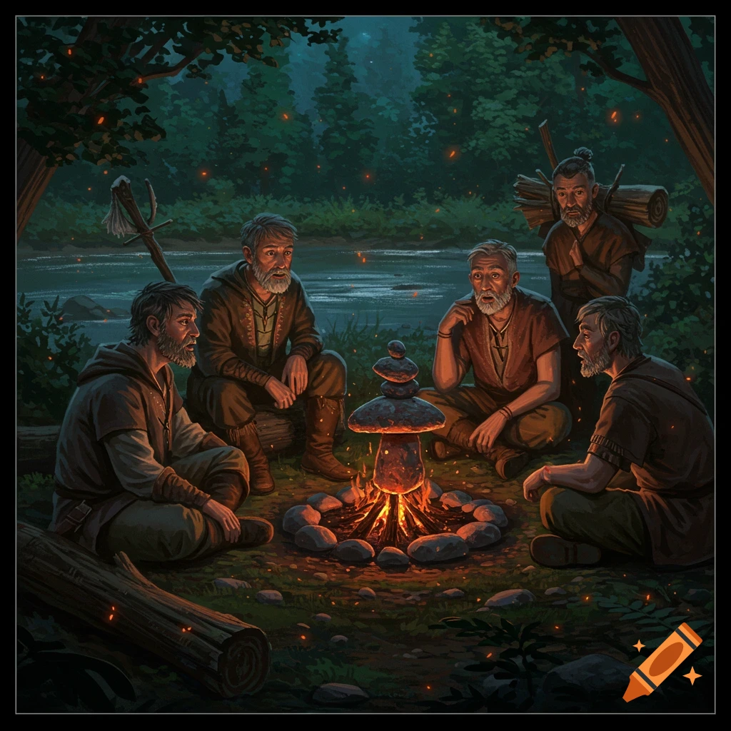 Five bearded men in fantasy clothes sit around a campfire in a dark forest, looking astonished at a glowing mushroom-shaped stonepile.
