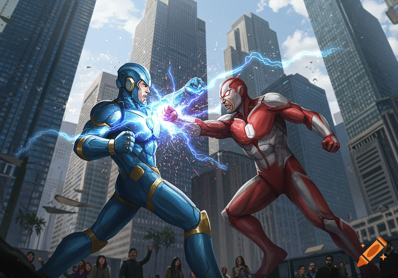 A blue and a red superhero exchange powerful punches, surrounded by electrical energy in a city with tall buildings.