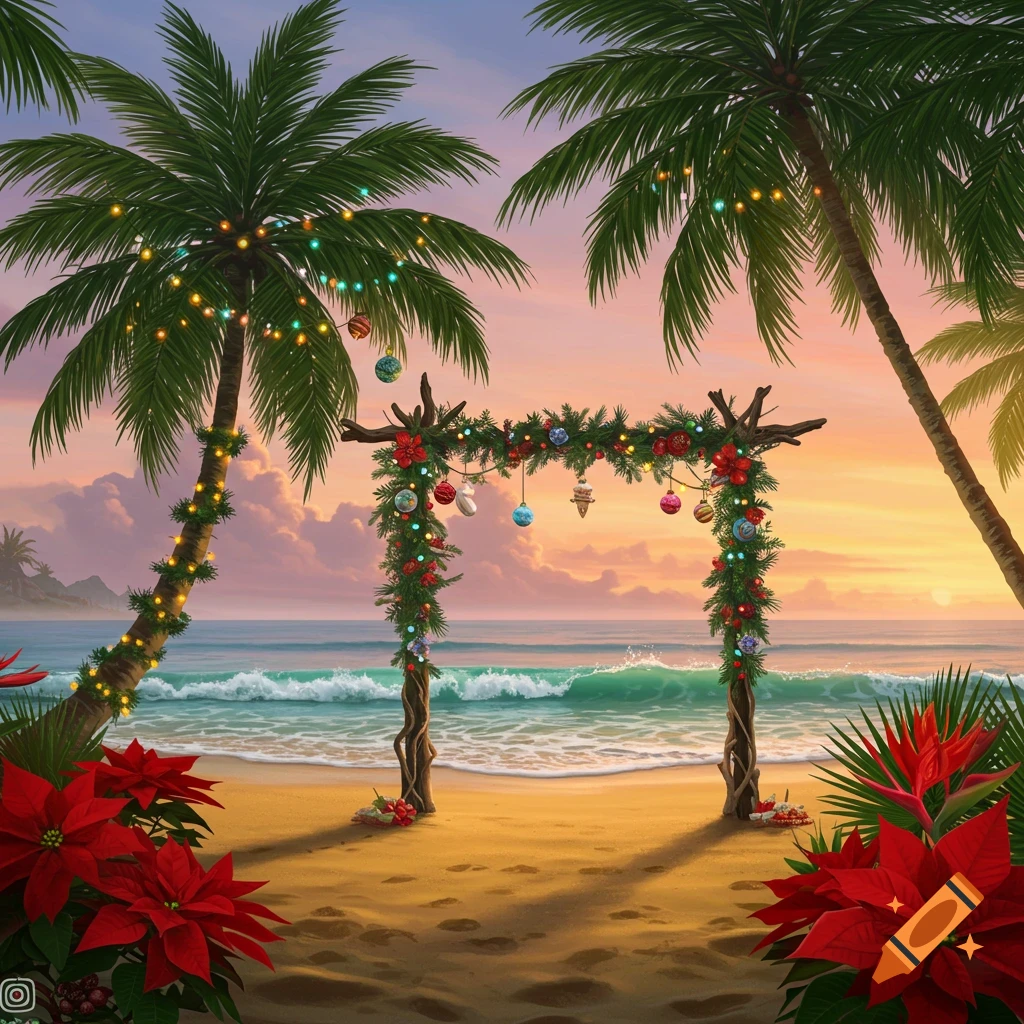 A tropical beach at sunset with palm trees and an arch decorated with Christmas lights and poinsettias.