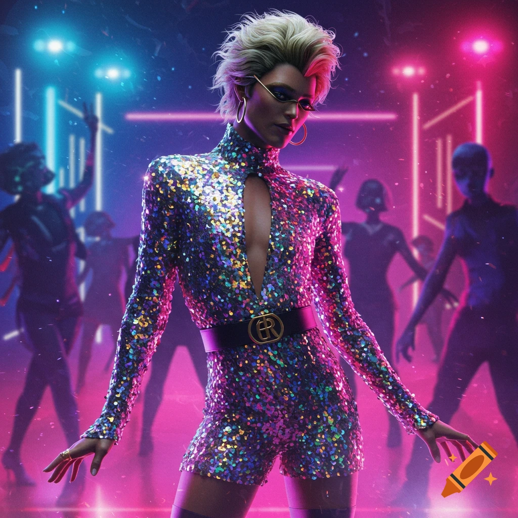 A person in a shimmering sequined romper with short blonde hair and sunglasses dances in a neon-lit club with blurry figures in the background.