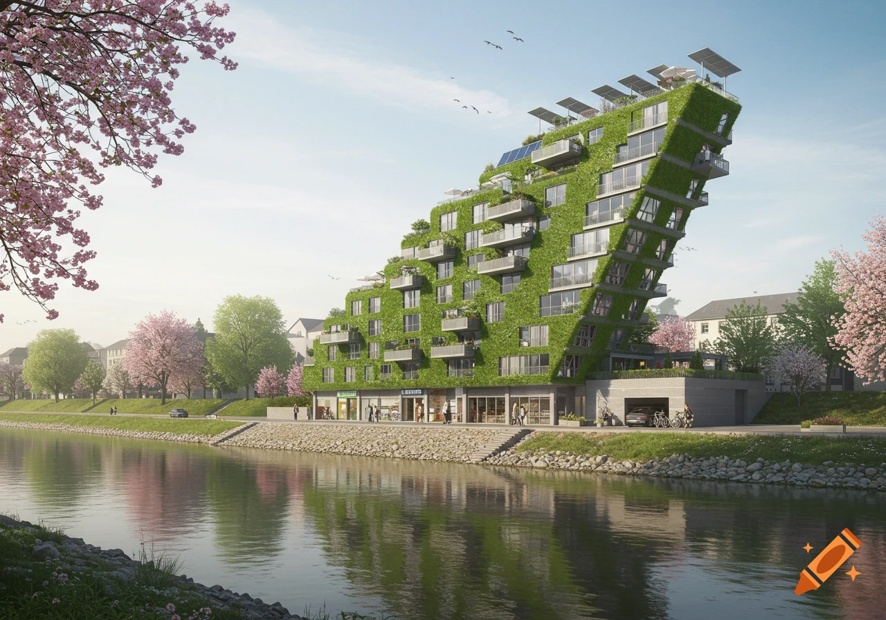 Photorealistic rendering of a modern, green-walled, eco-friendly building with solar panels by a river, surrounded by cherry blossom trees in spring.