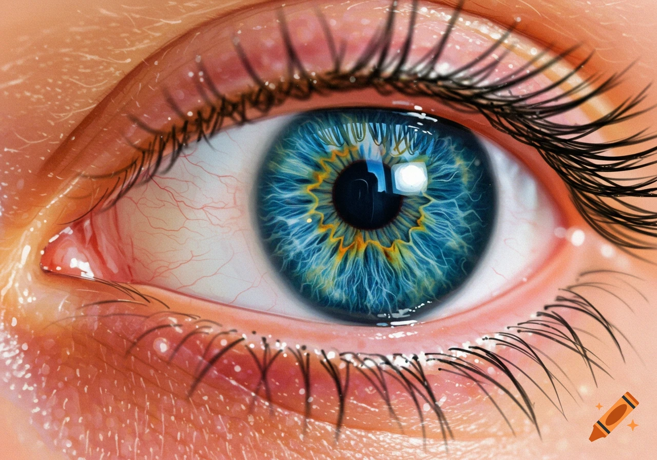 Close-up of a human eye with a vibrant blue and yellow iris, long eyelashes, and visible blood vessels.