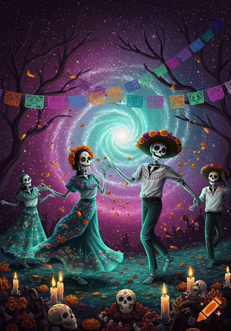Four festive skeletons in traditional attire dance under a starry cosmic sky with a galaxy swirl, papel picado banners, candles, and marigolds.