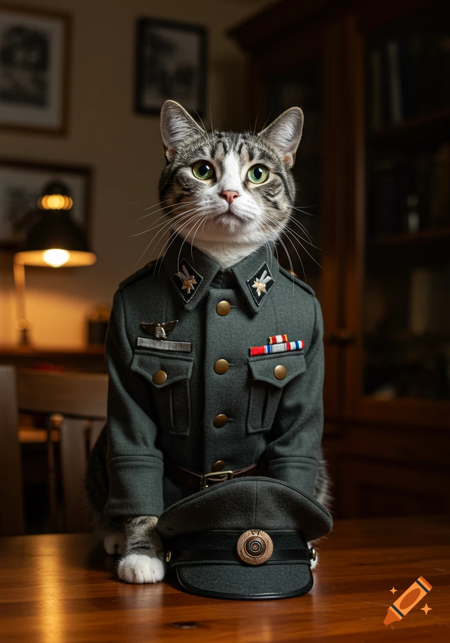A photorealistic tabby cat in a dark green military uniform with medals, sitting on a wooden table with a matching cap.