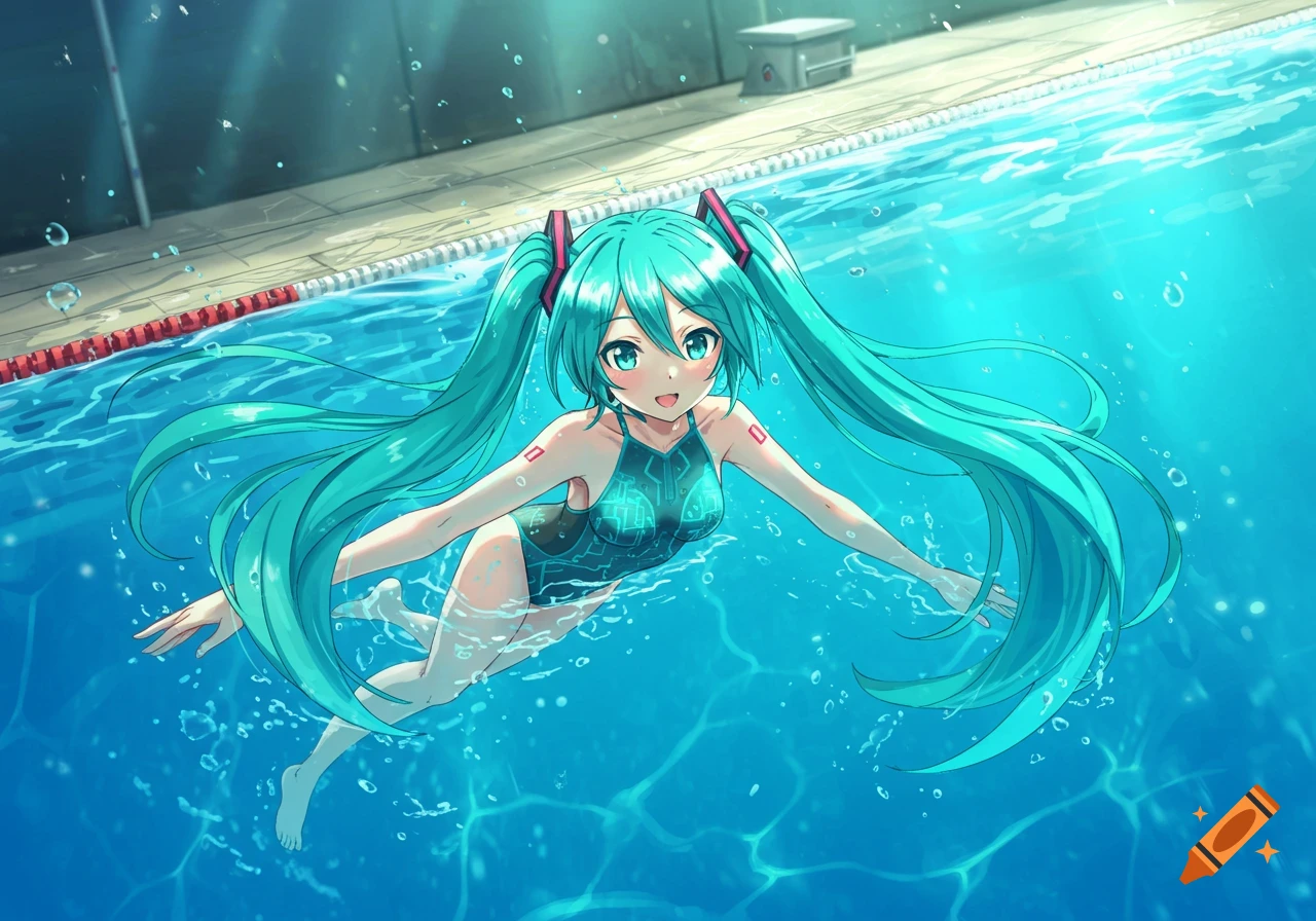 An anime girl with long blue pigtails, Hatsune Miku, smiling and swimming in a blue pool.