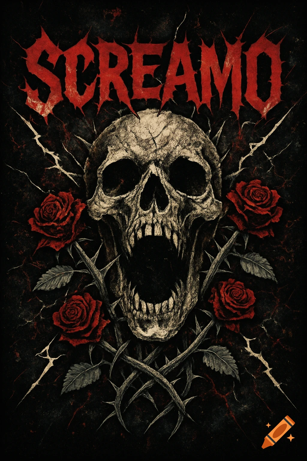 Stylized skull with open mouth, red roses, and thorny vines, with SCREAMO text above, in a dark, gritty art style.