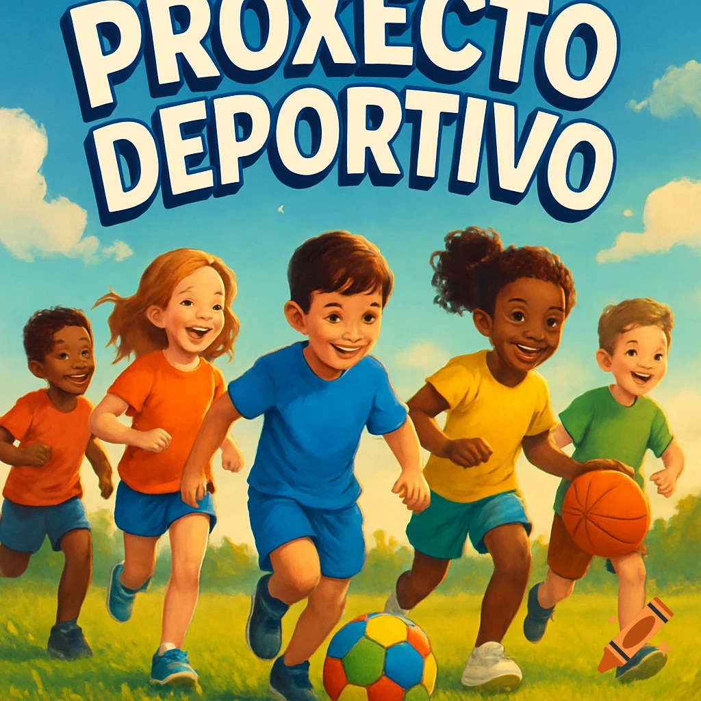 Cartoon illustration of five happy children playing soccer and basketball in a sunny field, with 'PROXECTO DEPORTIVO' text.