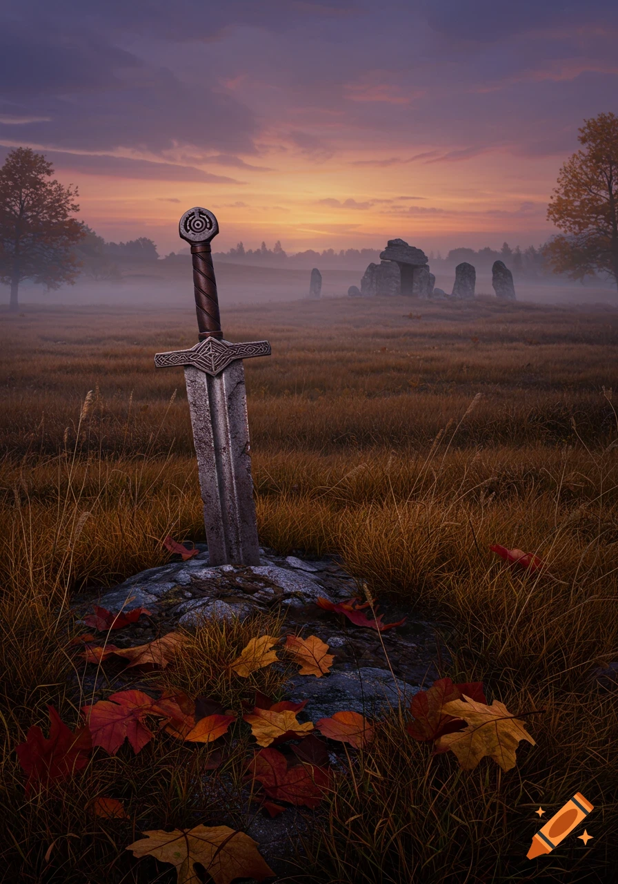 A medieval sword stands upright in a field of autumn grass, with ancient stone structures under a dramatic sunset sky.