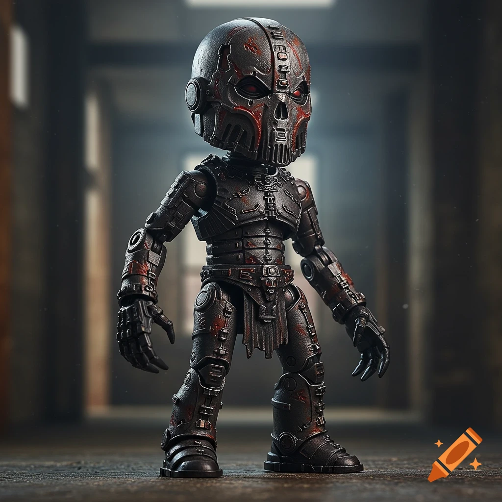 A dark, armored robot action figure with a skull-like helmet and red accents, standing in a dim industrial setting.