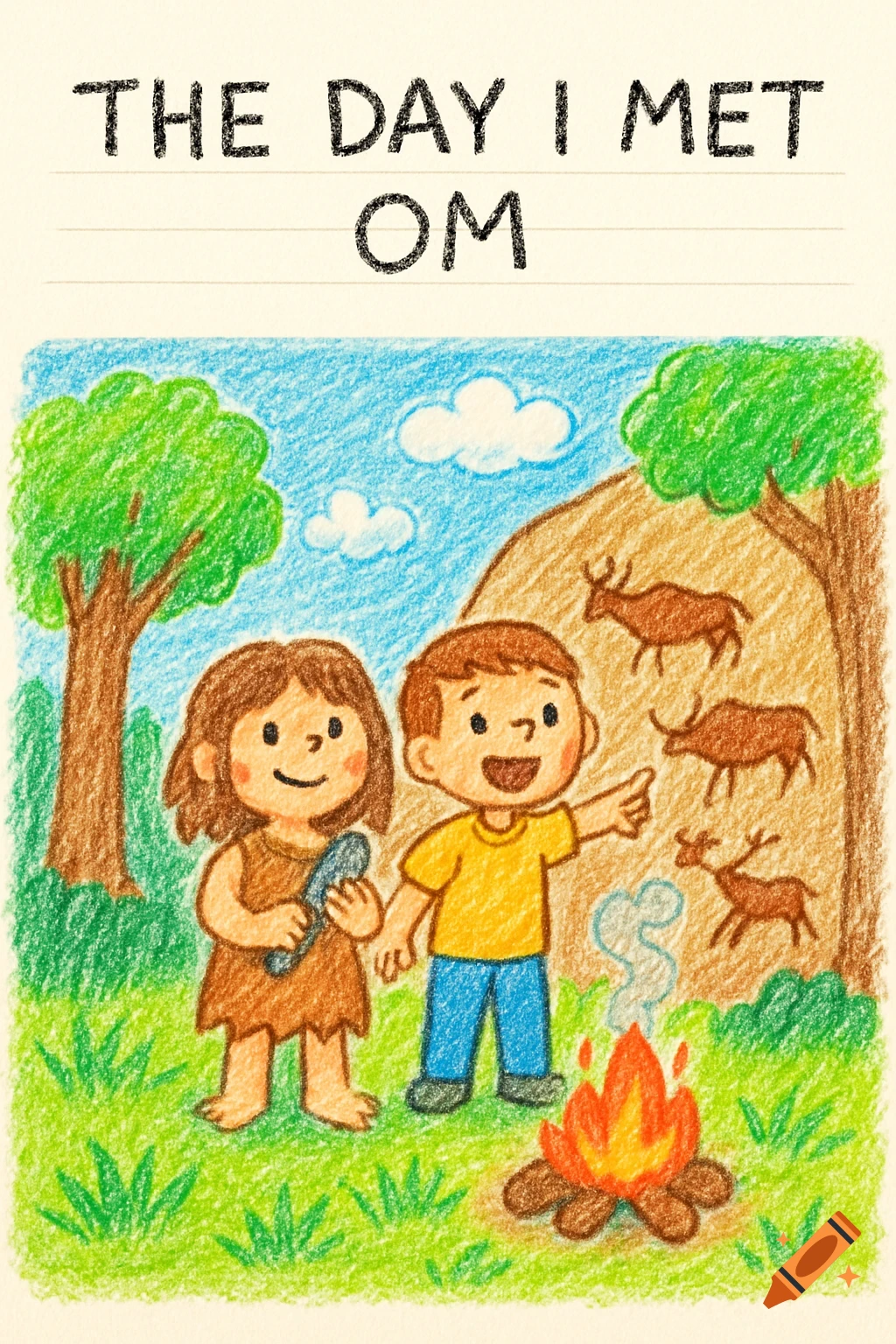 Crayon drawing of a Stone Age girl and a modern boy in a forest clearing with a campfire and cave paintings, titled "The Day I Met Om."