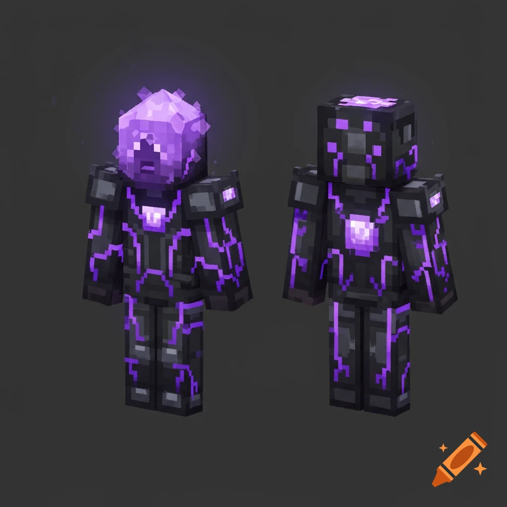 Two pixelated Minecraft-style figures in dark tech armor with glowing purple energy veins and amethyst crystal elements, against a grey background.