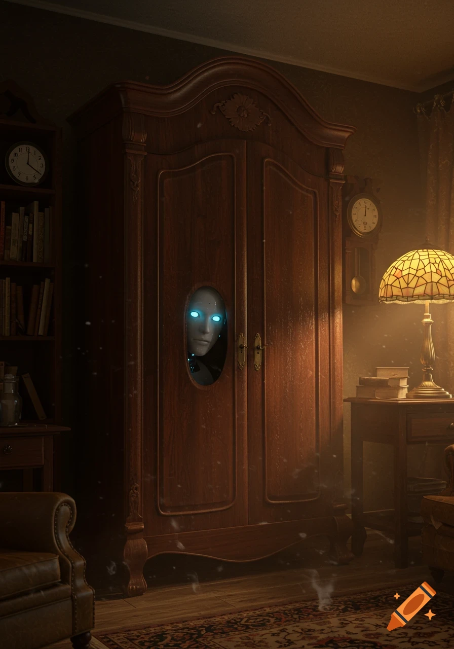 A robot's glowing-eyed face peeks through an oval window in a dark wooden closet in a dimly lit, old-fashioned room.