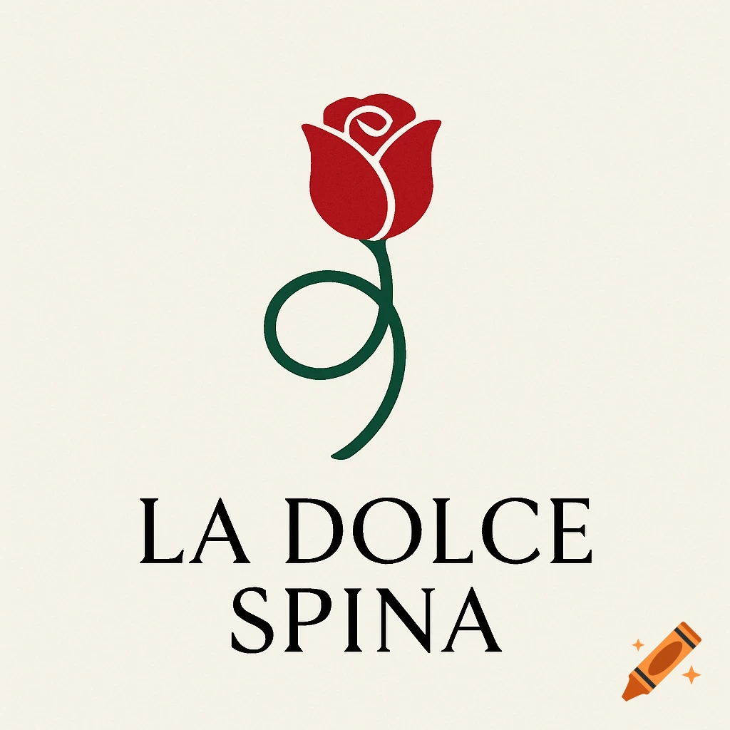 A minimalist logo featuring a red rose with a curled green stem above the text 'LA DOLCE SPINA' on an off-white background.