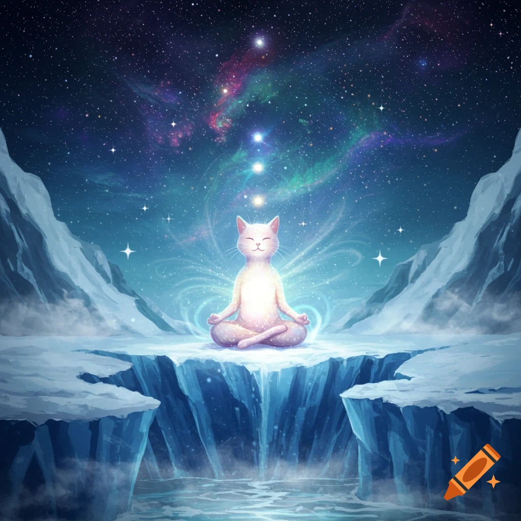 A white cat meditates in a lotus position on icy cliffs under a starry, cosmic sky, radiating ethereal light.