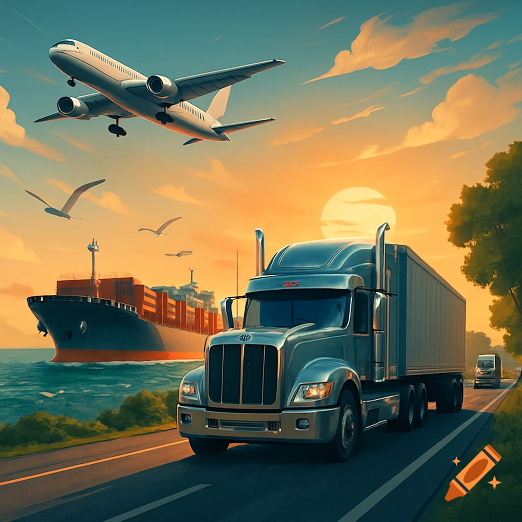 A semi-truck drives on a road by the ocean with a cargo ship and an airplane flying overhead at sunset.