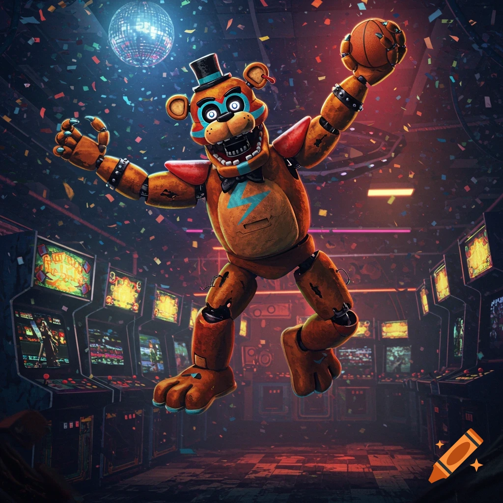 Glamrock Freddy Fazbear, an animatronic bear, jumps excitedly with a basketball in a confetti-filled arcade.