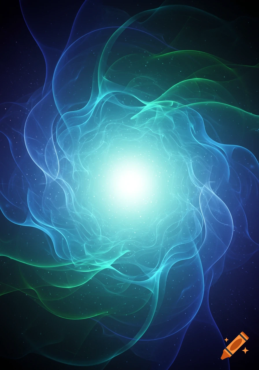 Abstract glowing blue and green ethereal energy swirls with a bright central light in a dark background.