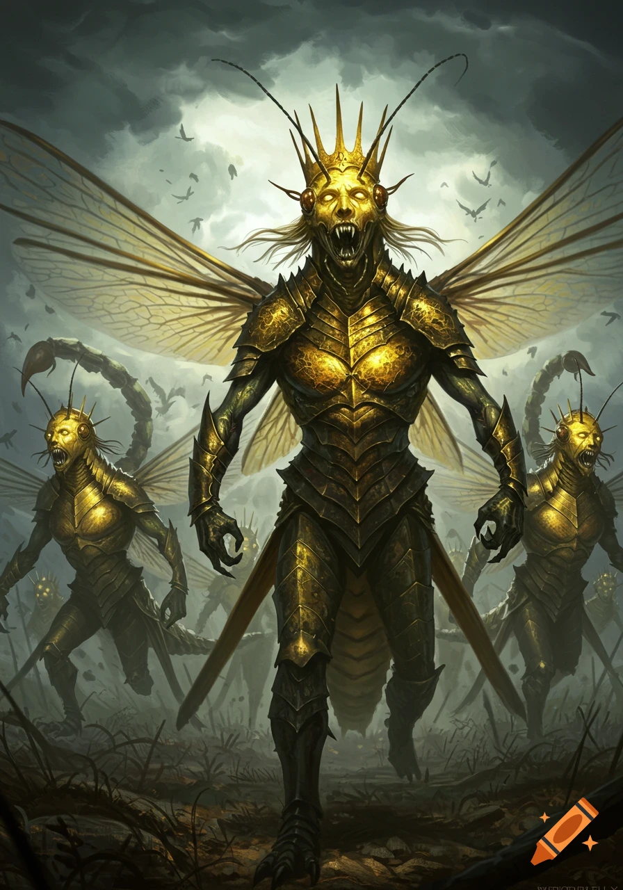 Fantasy art of golden insectoid warriors with wings, crowns, and scorpion tails emerging from a misty landscape.