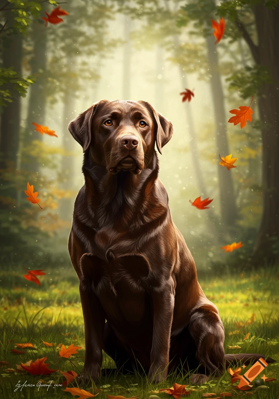 A photorealistic chocolate Labrador dog sits attentively in a misty autumn forest with falling orange leaves.