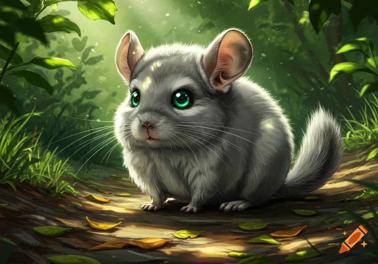 A fluffy gray chinchilla with large, bright green eyes sits on a dirt path in a lush green forest, looking forward.