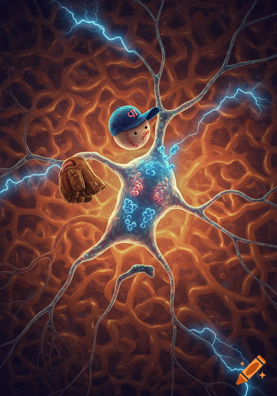 A stylized neuron wearing a blue baseball cap with a distorted '91' and a baseball glove, against an orange neural network background with lightning bolts.