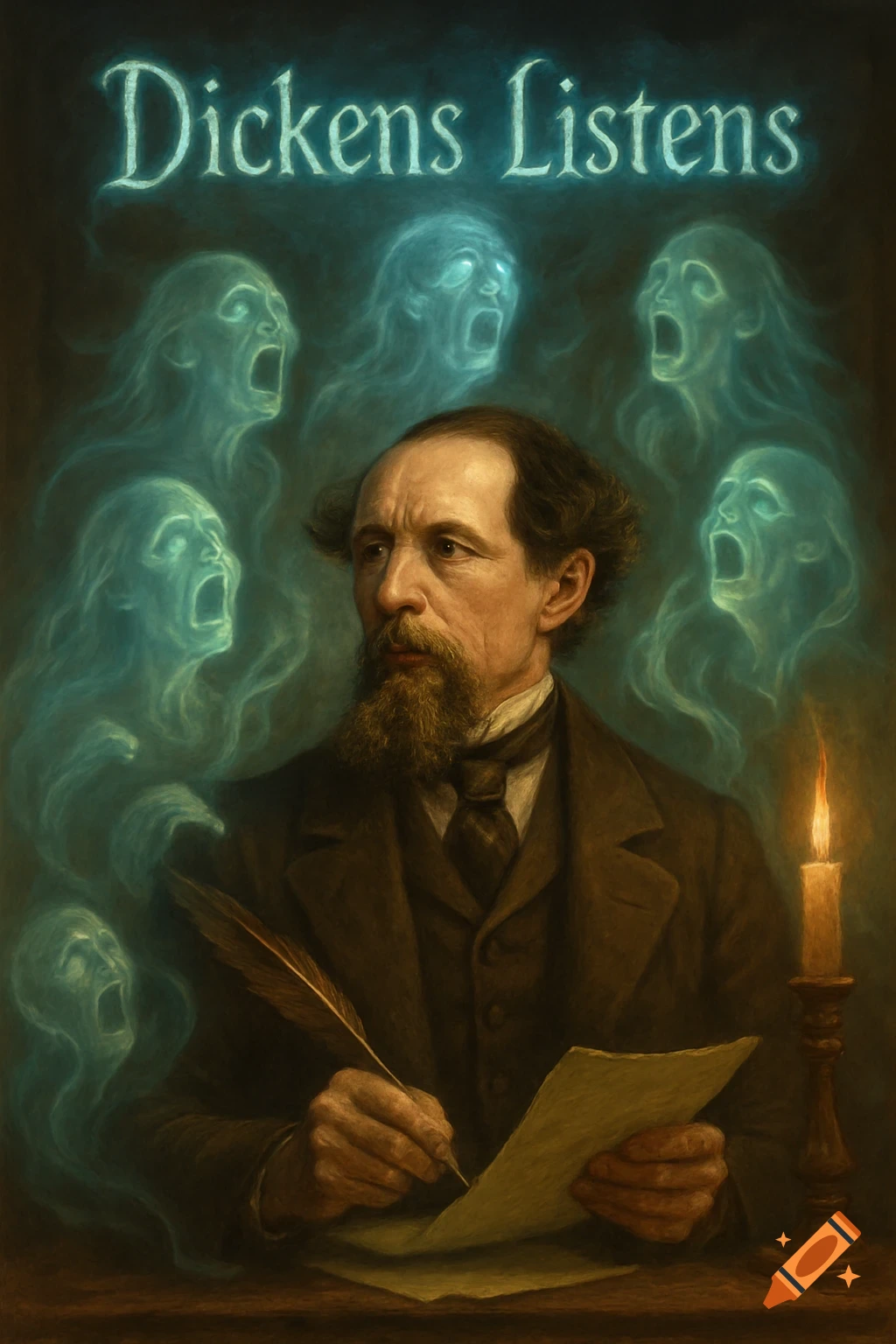 Portrait of Charles Dickens writing with a quill, surrounded by pale blue screaming ghosts, with a lit candle and the text 'Dickens Listens'.