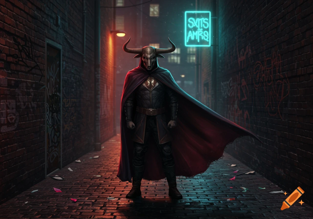 A bull-headed anti-hero in a dark alley wearing a cape and armor, illuminated by neon lights.