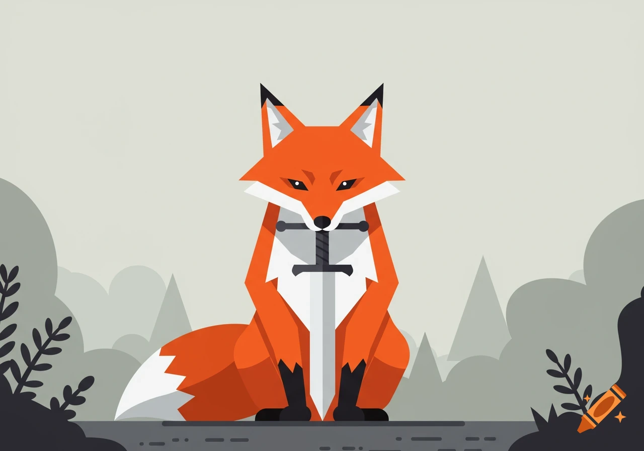A stylized orange fox with white markings sits upright, holding a gray sword by its hilt in its mouth, against a light gray background with dark gray foliage.