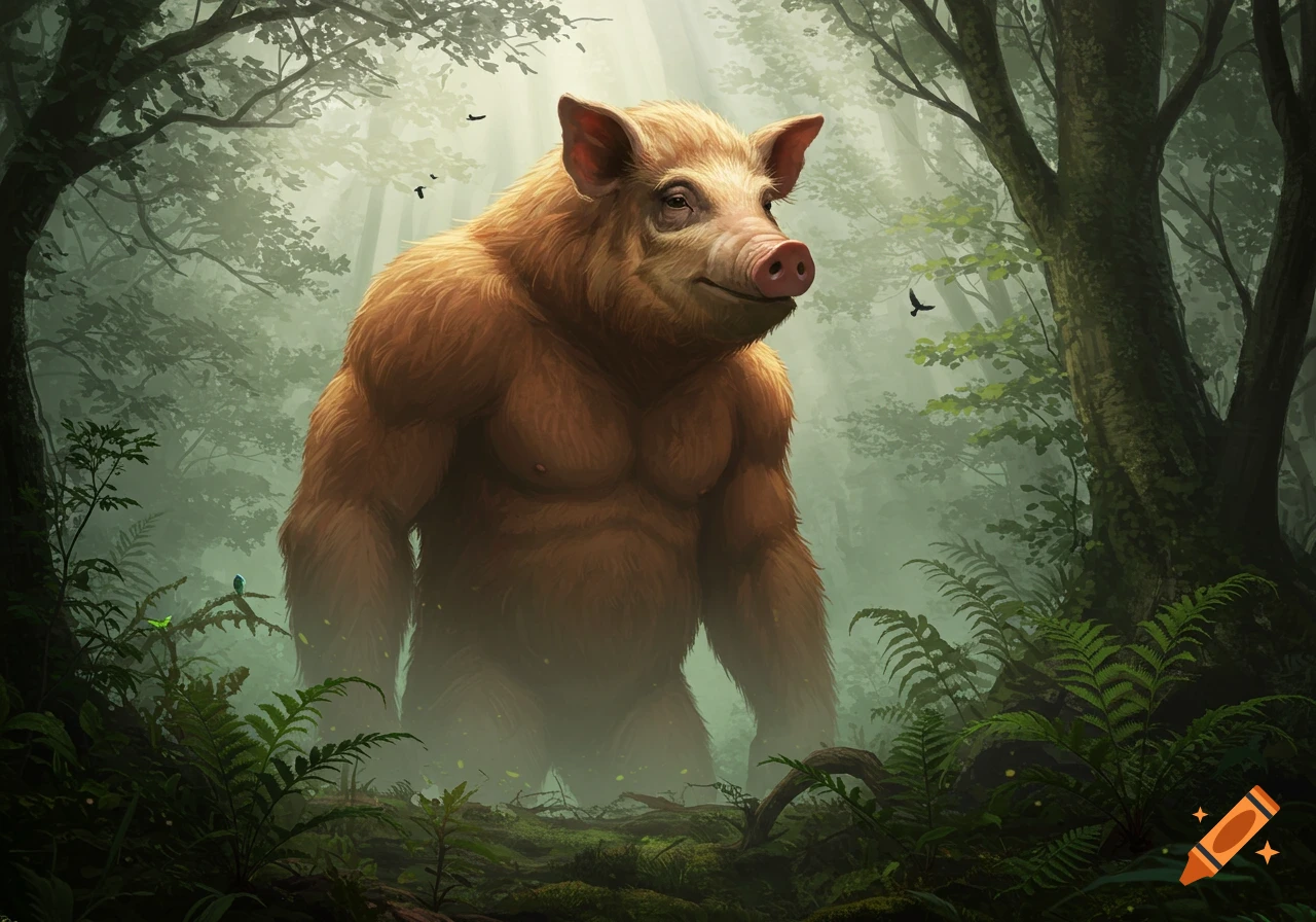 A large, muscular, bipedal pig-like creature stands in a misty, lush forest with light filtering through trees.